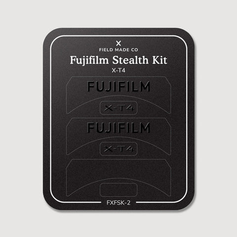 Stealth Kit for Fujifilm X-T4: Ghost Logo and Plain Black vinyl labels on the Field Made Co backing sheet