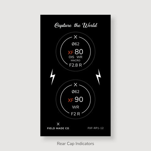 Packs d'indicateurs autocollants en vinyle pour capuchons avant et arrière d'objectifs Fujifilm XF