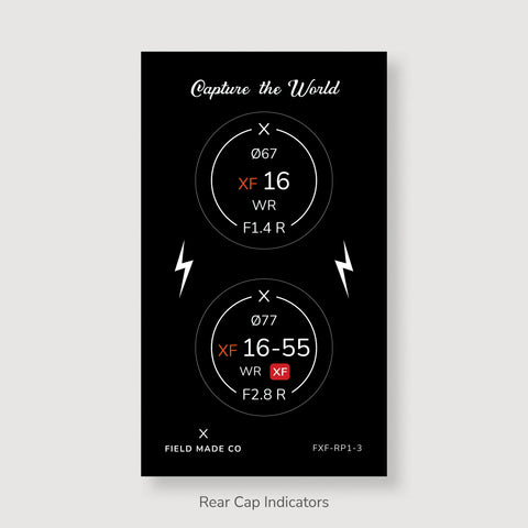 Packs d'indicateurs autocollants en vinyle pour capuchons avant et arrière d'objectifs Fujifilm XF
