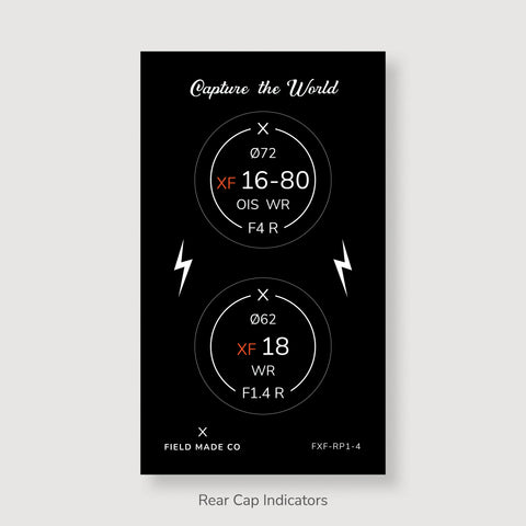 Packs d'indicateurs autocollants en vinyle pour capuchons avant et arrière d'objectifs Fujifilm XF