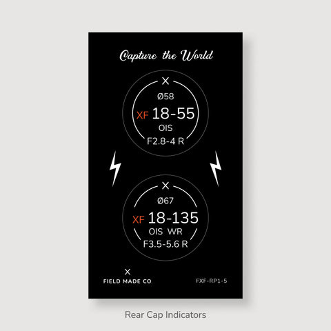 Packs d'indicateurs autocollants en vinyle pour capuchons avant et arrière d'objectifs Fujifilm XF