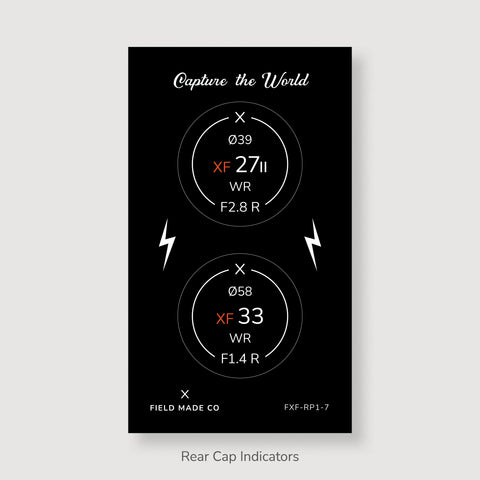 Packs d'indicateurs autocollants en vinyle pour capuchons avant et arrière d'objectifs Fujifilm XF