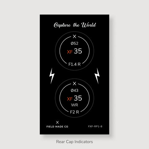 Packs d'indicateurs autocollants en vinyle pour capuchons avant et arrière d'objectifs Fujifilm XF