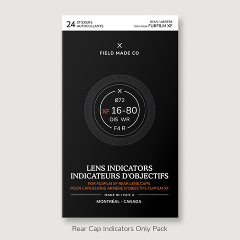Packs d'indicateurs autocollants en vinyle pour capuchons avant et arrière d'objectifs Fujifilm XF