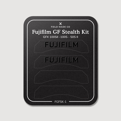Stealth Kit for Fujifilm GFX 100S II, 100S and 50S II: Ghost Logo and Plain Black vinyl labels on the Field Made Co backing sheet