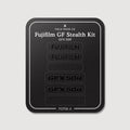 Stealth Kit for Fujifilm GFX 50R: Ghost Logo and Plain Black vinyl labels for the Fujifilm and GFX 50R badges on the Field Made Co backing sheet