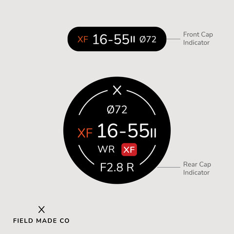 Indicateur d'objectif en vinyle pour les capuchons avant et arrière Fujifilm XF