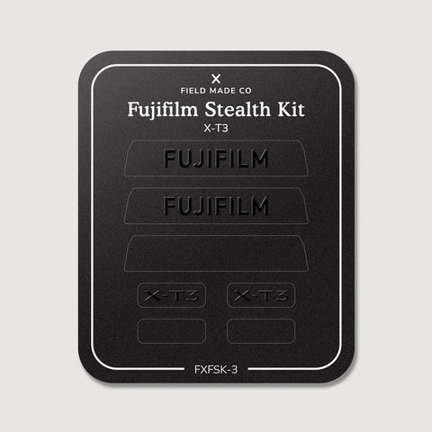 Stealth Kit for Fujifilm X-T3: Ghost Logo and Plain Black vinyl labels on the Field Made Co backing sheet